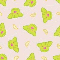 Trendy groovy seamless pattern with green panama and lemons. Retro hippie summer hat scratched texture. Great for textile, fabric, stationery, wallpapers and wrapping vector