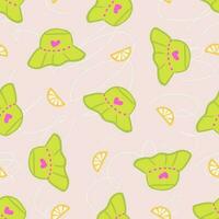 Trendy groovy seamless pattern with green panama and lemons. Retro hippie summer hat scratched texture. Great for textile, fabric, stationery, wallpapers and wrapping vector