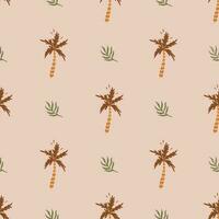 Simple boho vector seamless pattern with palm tree and palm leaf. Tropical summer background. Retro trendy beach design for cover, cases, wallpaper, prints, wrapping, textile