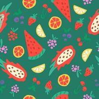 Seamless pattern with colorful fruit and berry on green background. Hand drawn juicy raspberry, blueberry, cherry, strawberry, watermelon, dragon fruit repeated texture vector