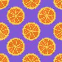 ácido Violeta sin costura modelo con naranja rebanada. hippie psicodélico agrios textura. rayado textura vector diseño. genial para textil, tela, papelería, fondos de pantalla y envase