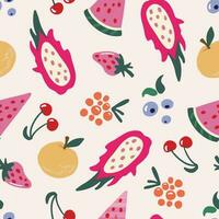 Seamless pattern with colorful fruit and berry on pink background. Hand drawn juicy raspberry, blueberry, cherry, strawberry, watermelon, dragon fruit repeated texture vector