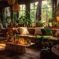 maravilloso boho elegante generado por ai habitación diseños foto