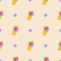 Simple seamless pattern with ice cream and starfish. Hand drawn summer retro groovy vector illustration for cover, cases, wallpaper, prints, wrapping, textile