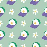 Groovy seamless pattern with baseball cap and white flower. Chamomile and smiley face retro hippie texture. Great for textile, fabric, stationery, wallpapers and wrapping vector