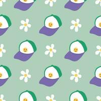 Groovy seamless pattern with baseball cap and white flower. Chamomile and smiley face retro hippie texture. Great for textile, fabric, stationery, wallpapers and wrapping vector