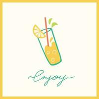 Summer concept card with glass of lemonade. Cocktail with lemon, straw, mint and bubbles. Trendy vector design with typography. Enjoy lettering