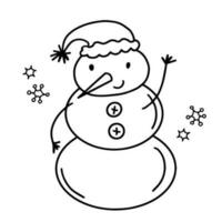 mano dibujado contorno ilustración de monigote de nieve con copos de nieve. Navidad decoración elemento en garabatear estilo vector