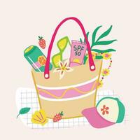 Vector illustration of summer bag with beachwear and sunprotection inside. Hand-drawn baseball cap, seashell, strawberry composition. Summer outdoor beach vacation concept.