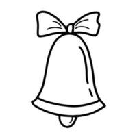 Hand drawn outline illustration of christmas bell with bow. Christmas decoration elements in doodle style vector