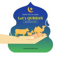 Animal sacrifice banner with goat  cow and camel for eid al adha vector