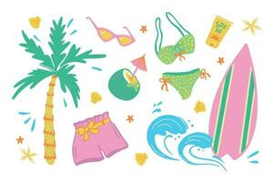 Summer items set. Groovy y2k positive vector design. Surfboard, spf 50, palm tree, sunglasses, cocktails, shorts, bikini isolated cliparts