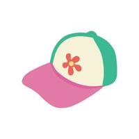 Hand-drawn stylish baseball cap illustration clipart. Cap with groovy hippie flower patch in y2k style vector