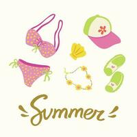 Summer quote. Hand drawn y2k concept groovy design with typography. Bikini, baseball cap, shell, slippers. Great for cards, greeting, stationery, prints and posters vector