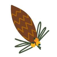 Hand drawn illustration of pine cone with yellow berries. Conifer cone in doodle style vector