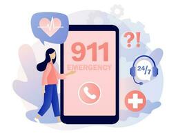 911 emergencia llamada en teléfono inteligente aplicación ambulancia servicio. asistente gerente en línea. línea directa llamada centro. moderno plano dibujos animados estilo. vector ilustración en blanco antecedentes