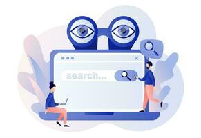 Search bar. Tiny people browsing online information, surfing internet with binocular, magnifying glass on laptop screen. SEO concept. Modern flat cartoon style. Vector illustration on white background