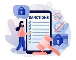 Economic sanctions on smartphone screen. Protect International law. Country peace and security. Political concept. Limit, ban or stop trading. Modern flat cartoon style. Vector illustration