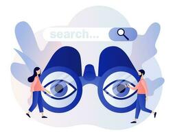 Search bars. Tiny people browsing online information, surfing internet with binocular. SEO concept. Modern flat cartoon style. Vector illustration on white background