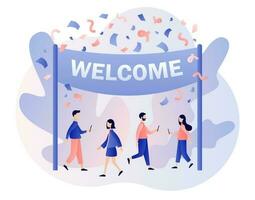 Welcome concept. Event, celebrate, meeting, greeting. Friendly team happy to new team member. Modern flat cartoon style. Vector illustration on white background