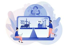 Reduce emission CO2. Sustainability concept. Scales with ecofriendly and factory. Net zero emissions and carbon dioxide neutral balance. Modern flat cartoon style. Vector illustration