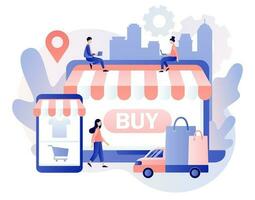 Online shopping store. Business marketing. Sale, product order and delivery of goods. Tiny people place orders on Internet. Modern flat cartoon style. Vector illustration on white background