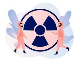 Radiation warning concept. Nuclear toxic waste. Tiny people in radioactive protection suit. Modern flat cartoon style. Vector illustration on white background