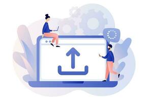 Upload symbol. Load sign. Tiny people uploading data, files from laptop. Data exchange concept. Modern flat cartoon style. Vector illustration on white background
