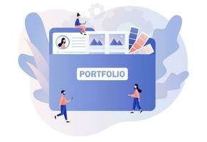 Portfolio concept. Preview folder presentation artist, designer or photographer. Briefcase with work gallery and file collection. Modern flat cartoon style. Vector illustration on white background