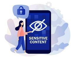 Sensitive content concept. Eye crossed sign on smartphone screen. Explicit content in social media, website, photos, pictures and video. Hide view. Modern flat cartoon style. Vector illustration