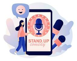 Stand Up comedy show. Open mic. Invitation to Comedy concert in smartphone app. Modern flat cartoon style. Vector illustration on white background