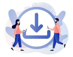 Download concept. Install symbol. Tiny people downloading data, files. Load symbol. Modern flat cartoon style. Vector illustration on white background