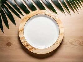 madera mesa hermosa pared antecedentes con luz de sol, panorámico bandera Bosquejo para monitor de productos, moderno mostrador mesa con tropical planta y luz de sol, generativo ai foto