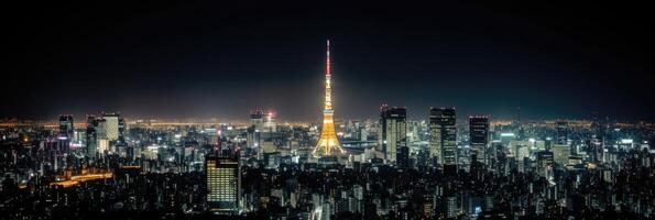 Illuminated Tokyo City with Skyline, Residential Buildings in Japan at Night View. Technology. photo