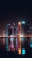 Dazzling Night Panoramic View of Qatar Skyline Reflecting in the Water. Technology. photo