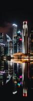 Amazing Panoramic View of Illuminated Skyline Reflects on Waterfront in Singapore City. Technology. photo