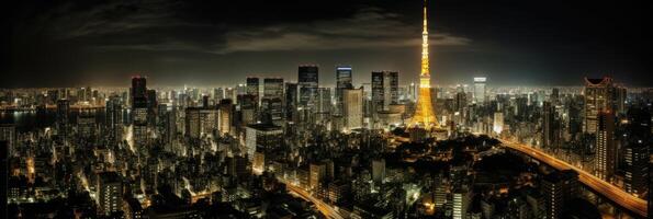 Aerial View of Illuminated Tokyo City in Japan at Night View. Technology. photo