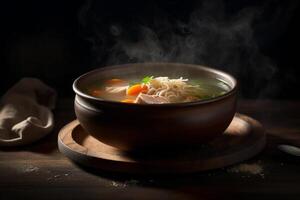 caliente delicioso pollo sopa producto fotografía con natural Encendiendo. ai generado foto