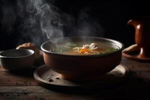 Hot delicious chicken soup product photography with natural lighting. photo