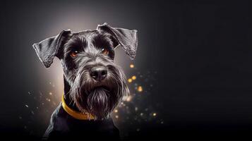 black schnauzer, photorealistic portrait of cute dog, banner with copy space, made with photo