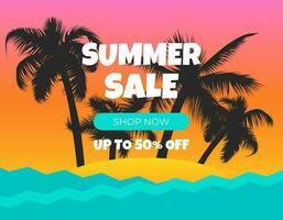 Vector illustration of a summer sale promotion with a tropical theme. Use for banners, posters. Includes palm trees, sea, and beach elements special offer