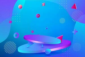 Modern 3D Vector Illustration of a Blue Round Pedestal Platform Scene for Luxury Showroom Promotion, Cyber Mockup Template, Neon Lights and Geometric Shapes