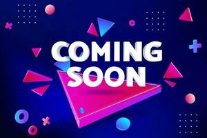 Modern 3D Vector Illustration of a Purple Triangle Pedestal Platform Scene for Technology Showcase, Geometric Poster Template, Neon Lights, Illuminated Shapes and Coming Soon Signboard.