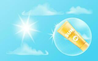 un vector ilustración de un azul cielo con nubes y luz de sol, presentando un protector solar tubo con spf 50 Perfecto para verano ventas, promociones, volantes, carteles ideal para piel cuidado, dermatología