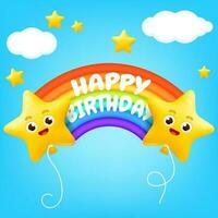 A 3D vector illustration of a rainbow arc with 3d cartoon star balloons with cute faces, and a little stars in the blue sky with clouds. Happy Birthday card, social media post for kids party.
