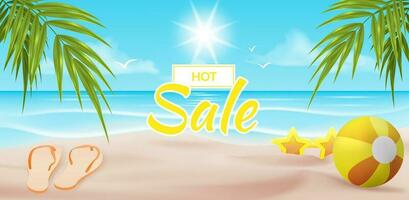 Big blue and yellow sale banner with palm leaves, sandals, sunglasses and beach ball for summer sale promotion, advertising discounts and offers in holiday for online shop. Tropic beachscape vector