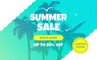 Trendy geometric zig zag vector sale banner in modern cyan and yellow color. Summer sale or retail promotion with tropic background with palm tree leaves silhouette and seagulls.