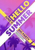 Vector hello summer banner, big party. Colorful abstract beach party background with palm leaves. Tropical neon banner. Exotic pop music event flyer. Creative summer sale poster template. Palm tree.