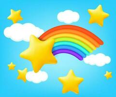 vector ilustración de para niños arcilla escena con arcoíris, nubes y estrellas. azul antecedentes con mullido blanco el plastico nubes usado para verano clima y clima pronósticos, niños tarjetas y pancartas