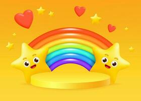 3D vector illustration of a colorful cartoon stars with a rainbow with cylinder pedestal on the yellow background with heart. Perfect for product showcases, posters, mockups for children's designs.